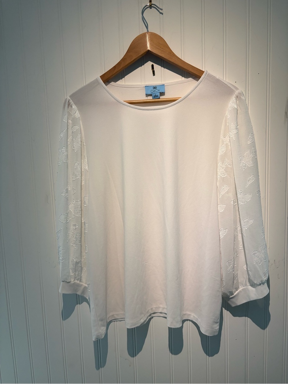 CeCe white Long-Sleeve Sheer burnout sleeve Top